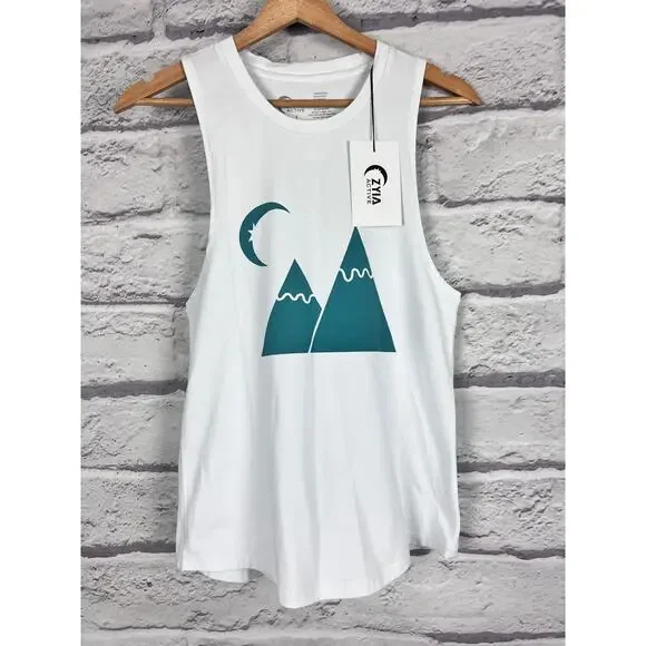 NWT ZYIA ACTIVE Women's S White Green Mountain Moon‎ Performance Gym Tank Top - Picture 2 of 8